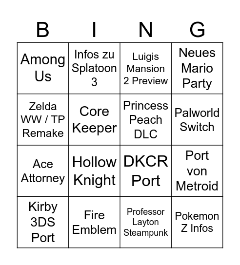 Nintendo Direct Bingo Card