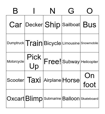 Means of Transportation Bingo Card