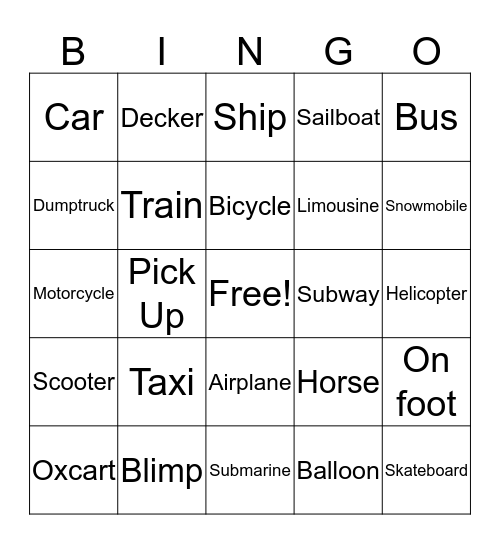 Means of Transportation Bingo Card