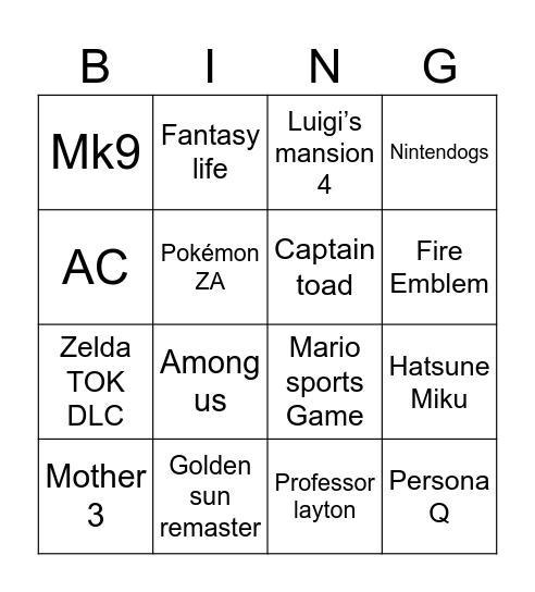 Nintendo direct Bingo Card