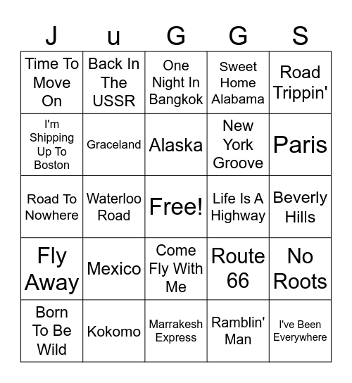 Travel Songs Bingo Card