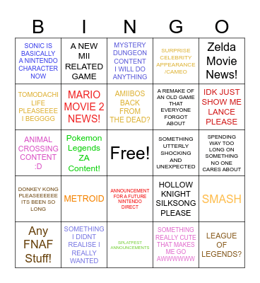 NINTENDO DIRECT Bingo Card