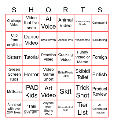YT Shorts Bingo Card