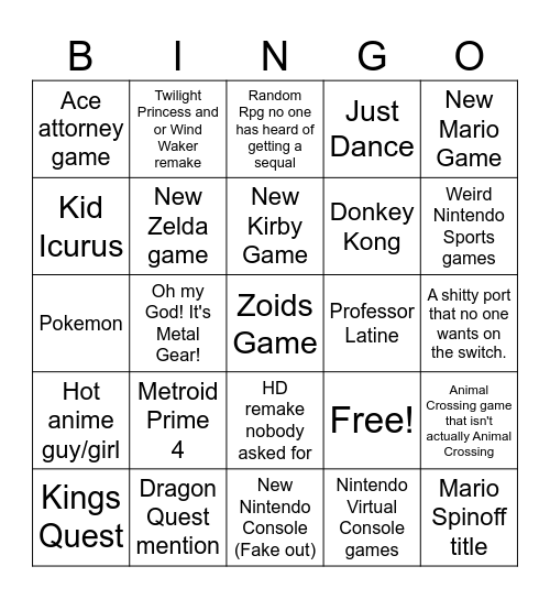 Nintendo Direct June 2024 Bingo Card