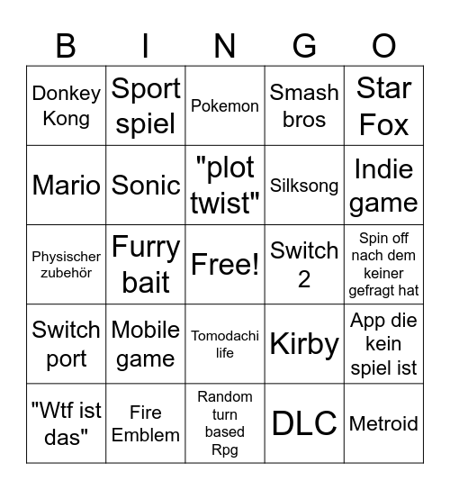 Nintendo Direct bingo Card