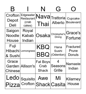 Maryland Restaurant  Bingo Card