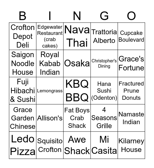 Maryland Restaurant  Bingo Card