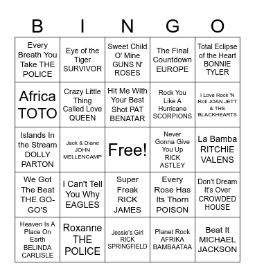 80’s Hits Bingo Card