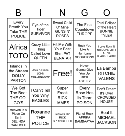 80’s Hits Bingo Card