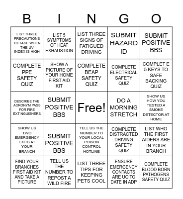SAFETY BINGO 1 Bingo Card