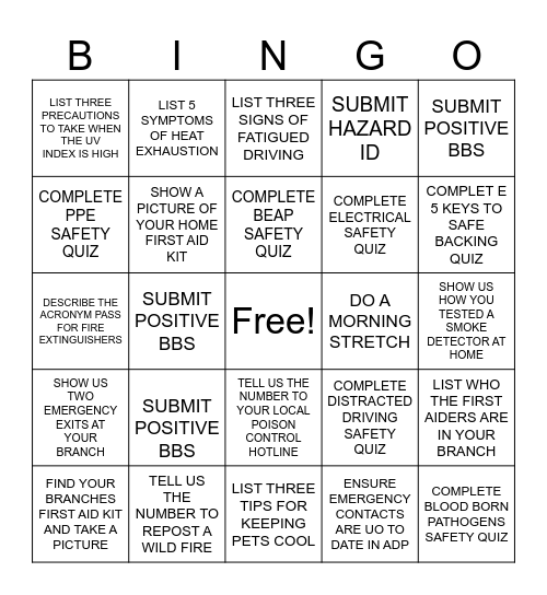 SAFETY BINGO 1 Bingo Card