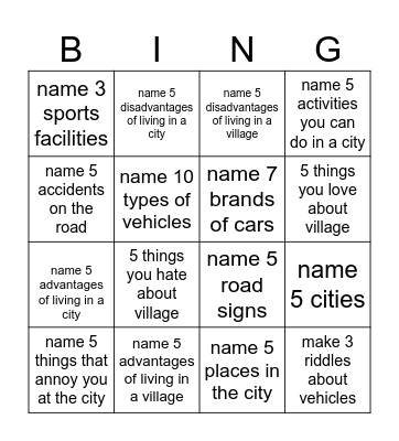 City or village (can you ...?) Bingo Card
