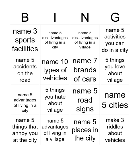 City or village (can you ...?) Bingo Card