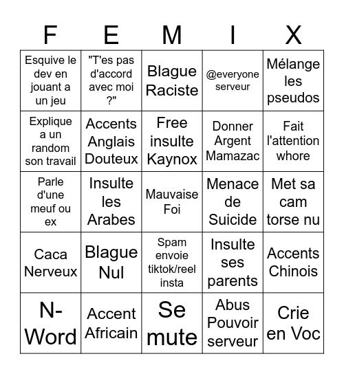 Femikx Bingo Card