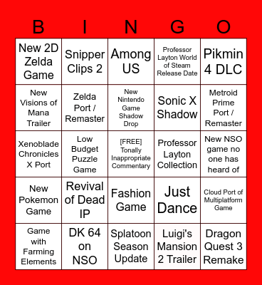 Final Nintendo Switch Direct Bingo Card