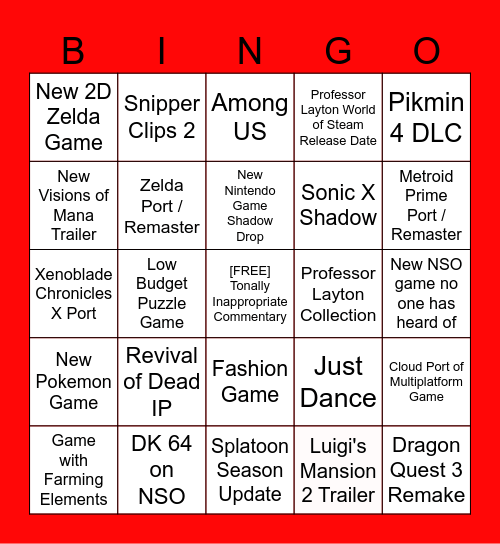 Final Nintendo Switch Direct Bingo Card