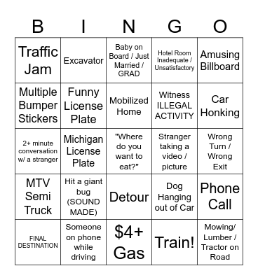 Road Trip BINGO Card