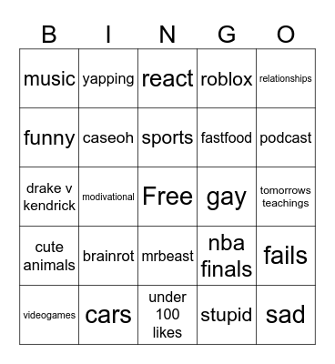 you tube shorts bingo Card