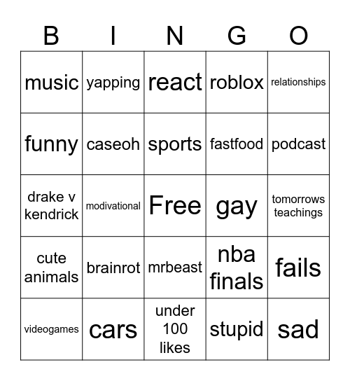 you tube shorts bingo Card