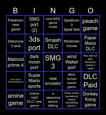 Nintendo direct bingo Vs grey and ethan Bingo Card