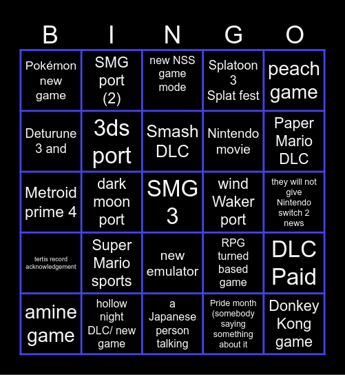 Nintendo direct bingo Vs grey and ethan Bingo Card