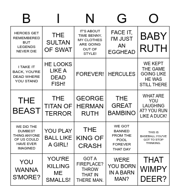 The Sandlot Bingo Card