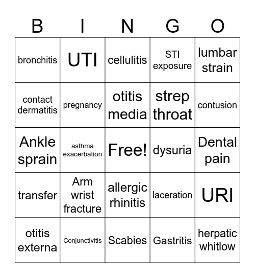 Discharge Diagnosis Bingo Card
