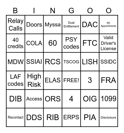 SSA Bingo Card