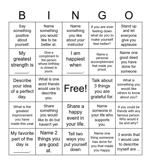 Self-Esteem Bingo! Bingo Card