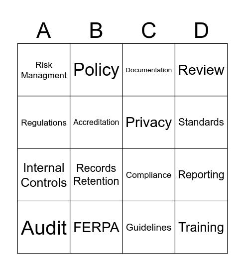 Compliance Bingo Card