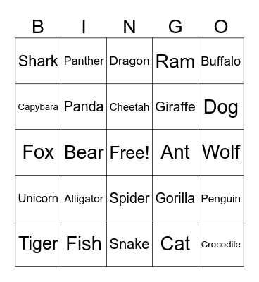 Animal Bingo Card