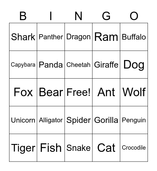 Animal Bingo Card