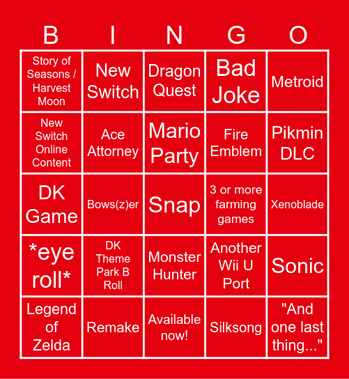 June 18th Nintendo Direct Bingo Card