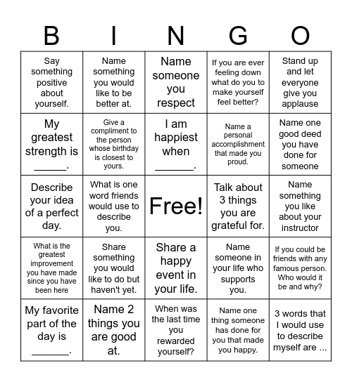 Self-Esteem Bingo! Bingo Card