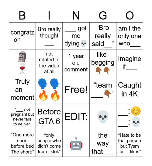 YT Shorts Bingo Card