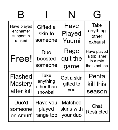 Cringe League Things Bingo Card