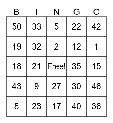 Maths Bingo Card