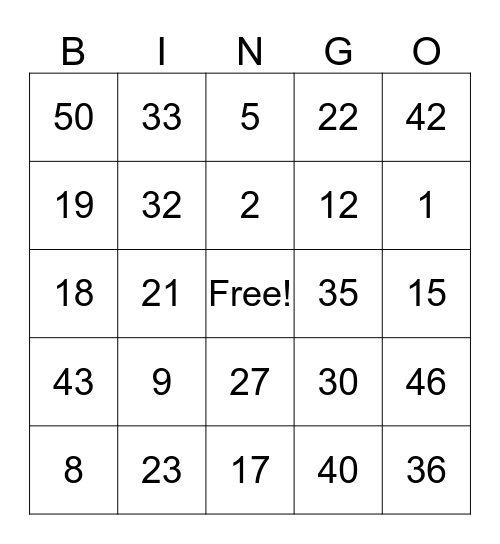 Maths Bingo Card