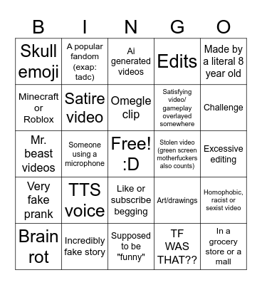 YouTube Shorts Bingo Card