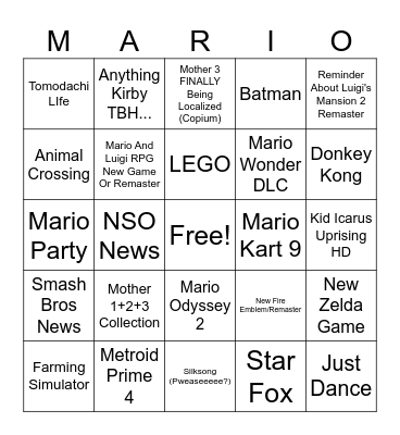 6/18/24 Nintendo Direct Predictions Bingo Card