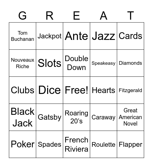 Gatsby Casino Night Bingo Card