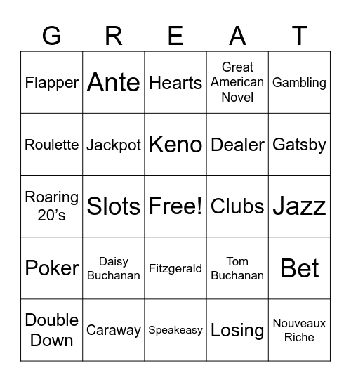 Gatsby Casino Night Bingo Card
