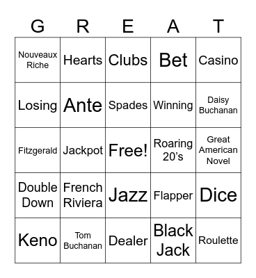 Gatsby Casino Night Bingo Card
