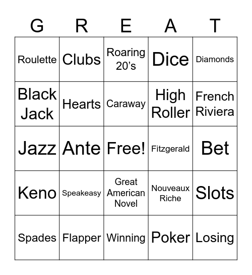 Gatsby Casino Night Bingo Card