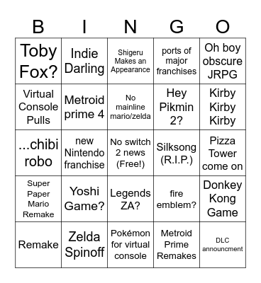 Nintendo Direct June 2024 Bingo Card