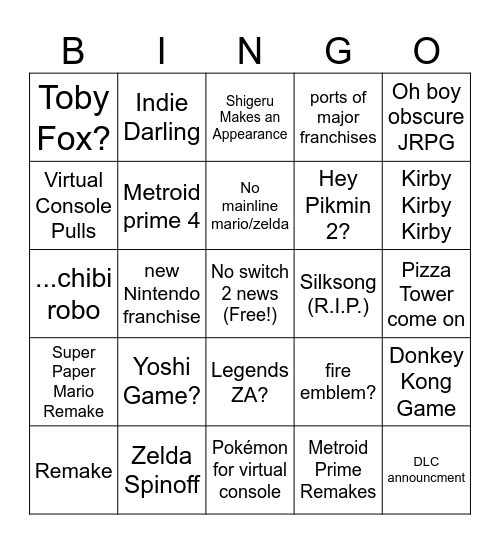 Nintendo Direct June 2024 Bingo Card