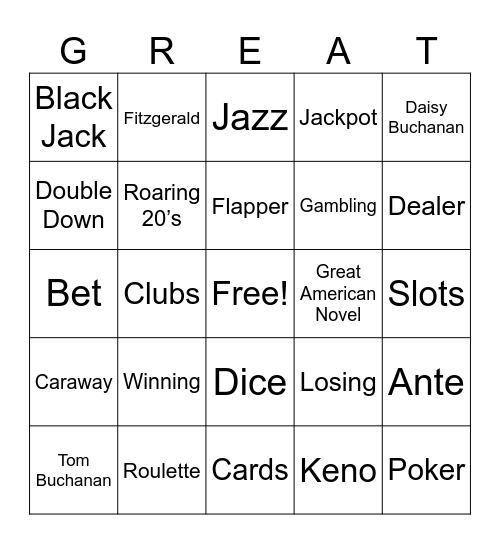 Gatsby Casino Night Bingo Card