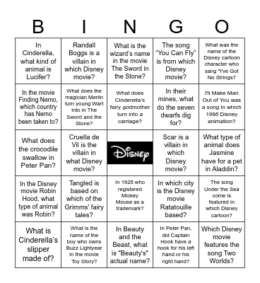 DISNEY TRIVIA BINGO Card