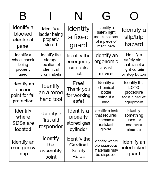 FILL THE BOARD Hazard Hunt Bingo Card