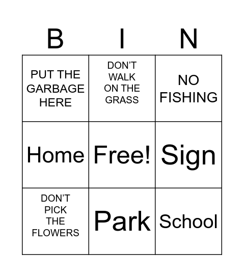 Signs in The Park Bingo Card